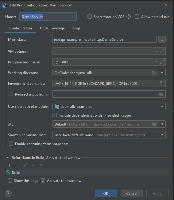 Edit run configuration