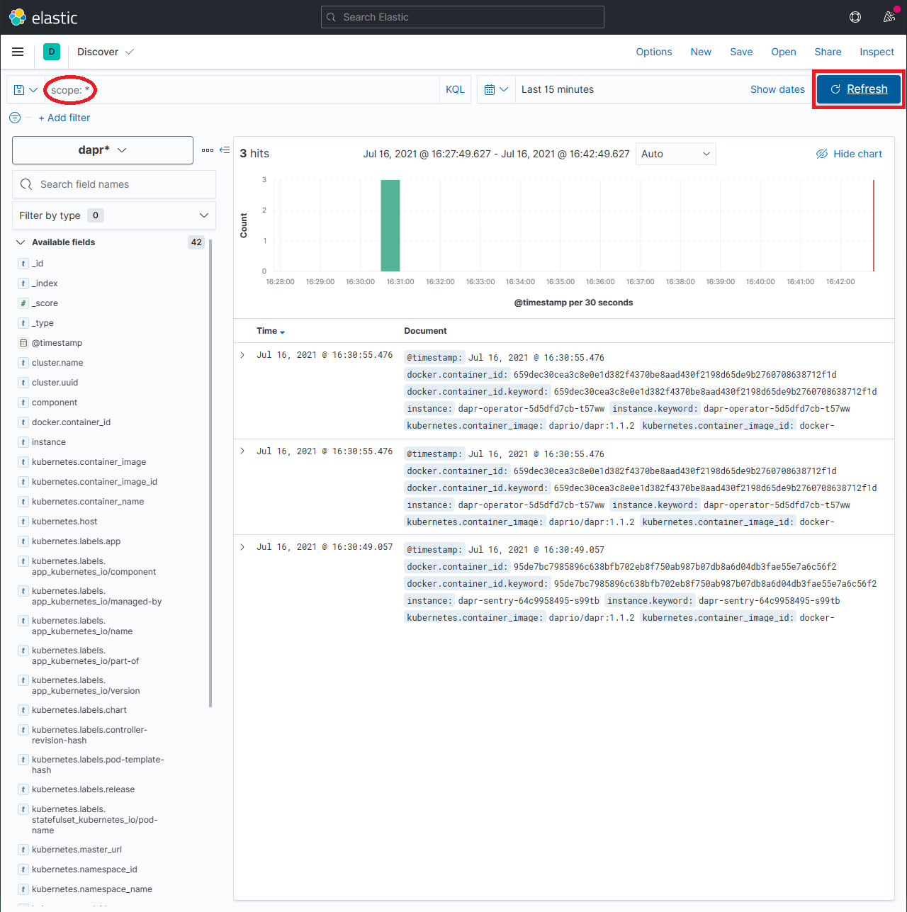 Using the search box in the Kibana Analytics Discover page