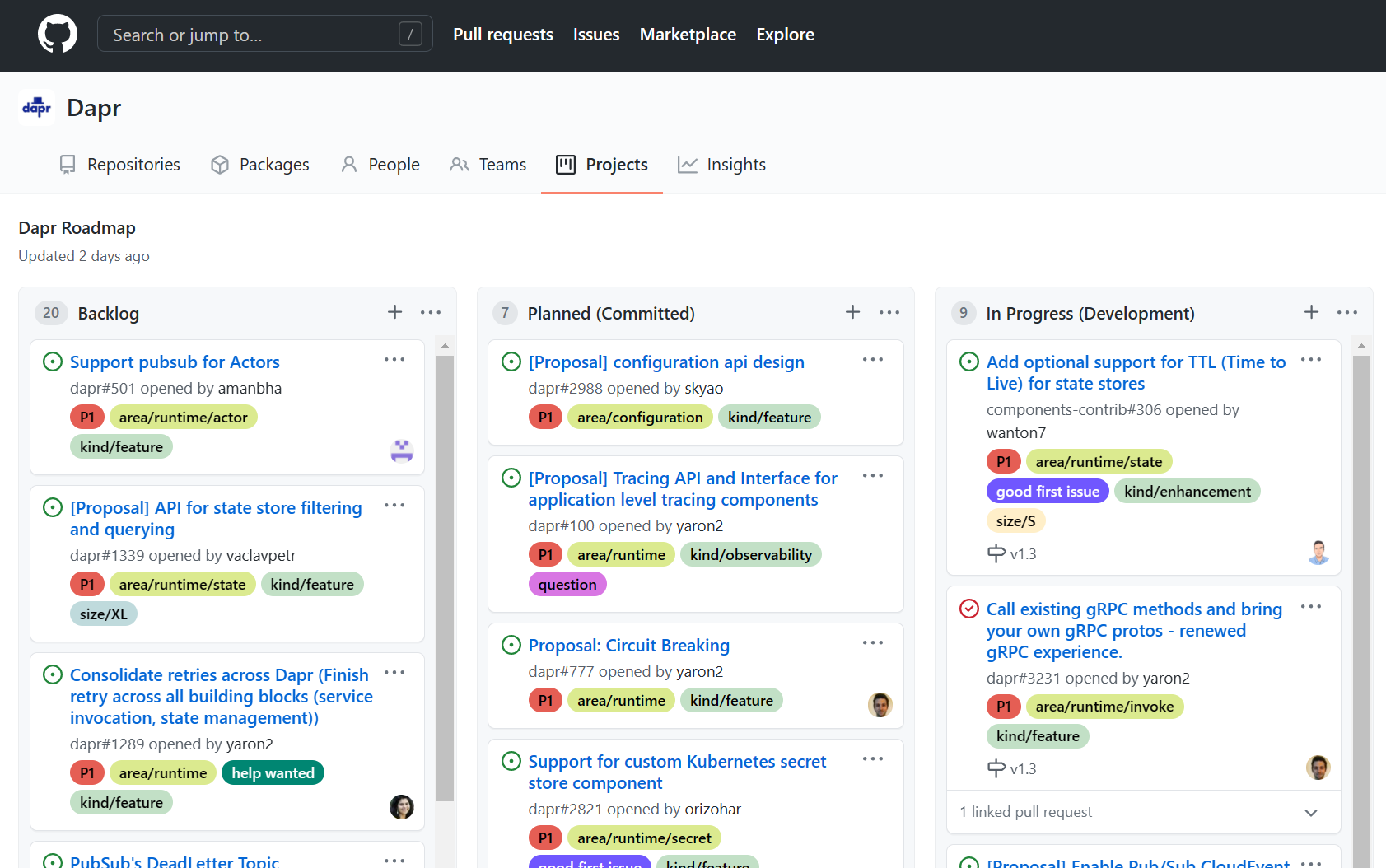 Screenshot of the Dapr Roadmap board